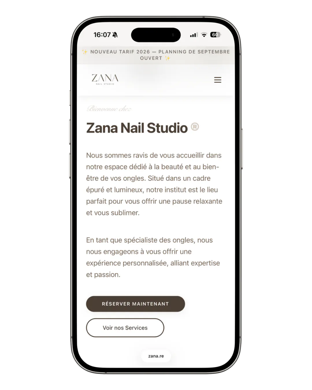 Maquette mobile — Zana Nail Studio